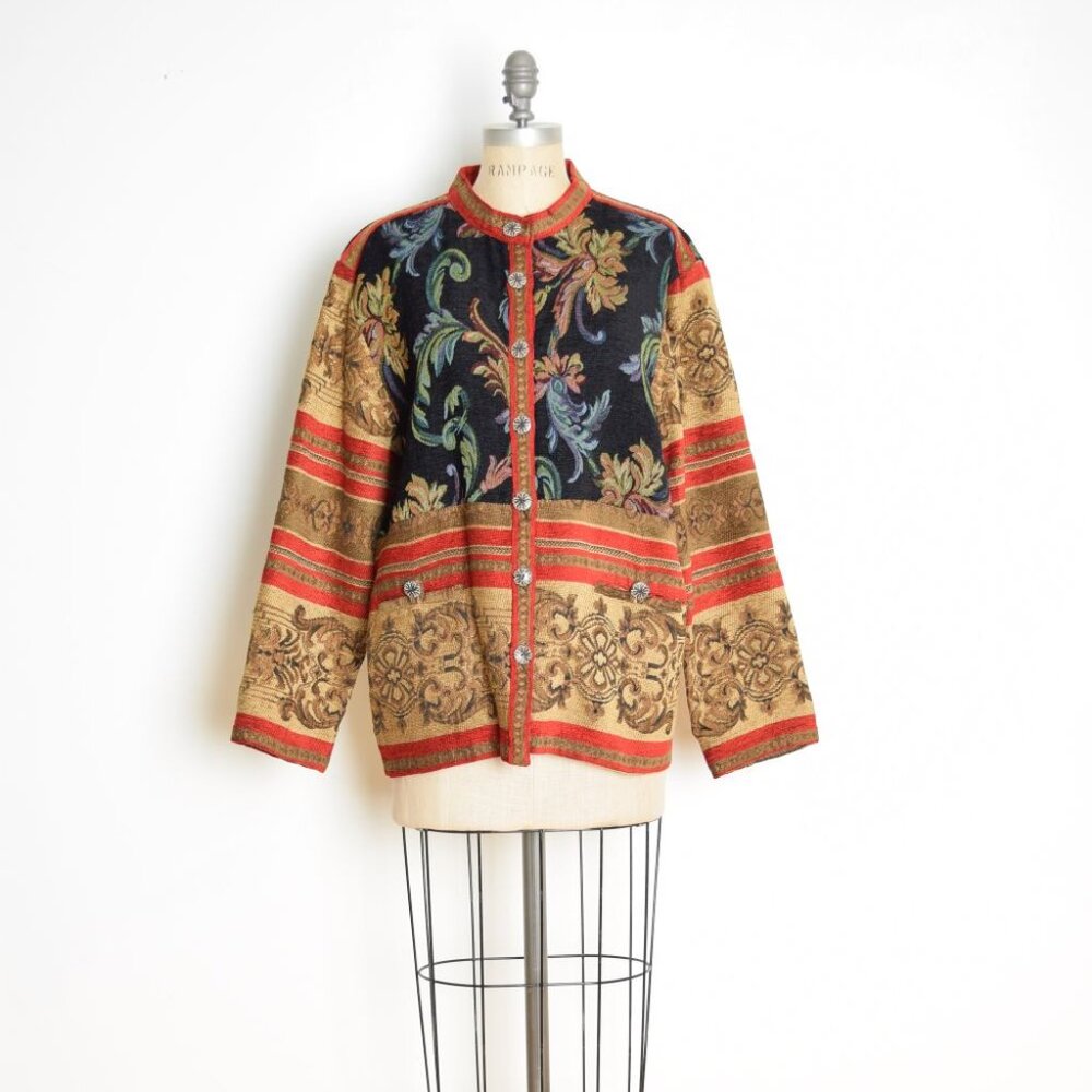 vintage 90s jacket Sag Harbor tapestry red gold black floral button up top 18 XL